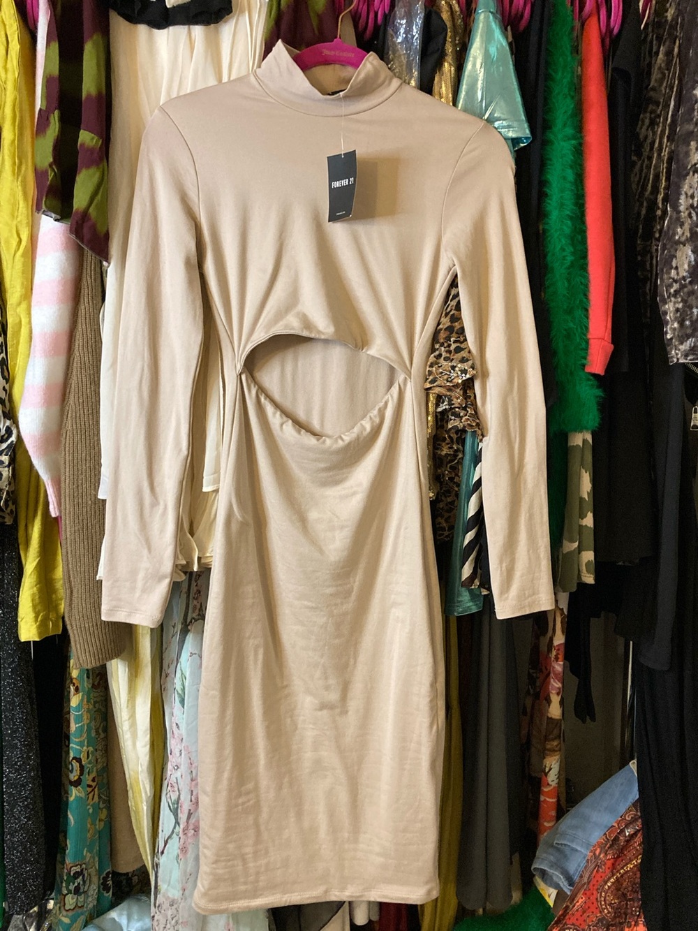 Forever 21 Beige Long-Sleeve Cutout Midi Dress